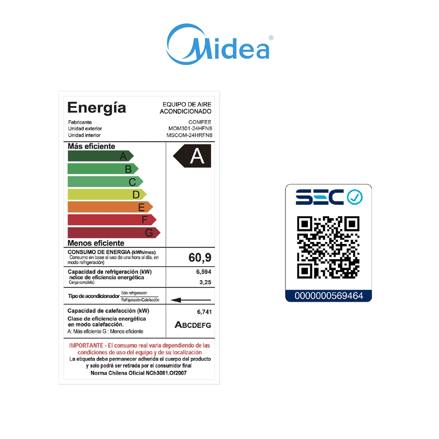 Aire Acondicionado Midea 24.000 BTU - Inverter Comfee r32