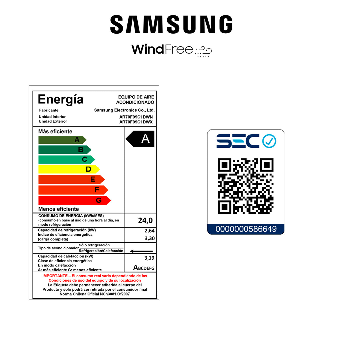 Aire Acondicionado Samsung 18.000 BTU - Wind-Free Wifi (Display Blanco)