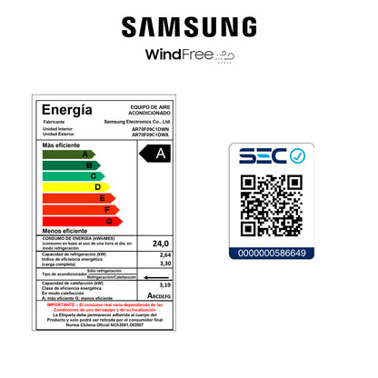 Aire Acondicionado Samsung 18.000 BTU - Wind-Free Wifi (Display Blanco)