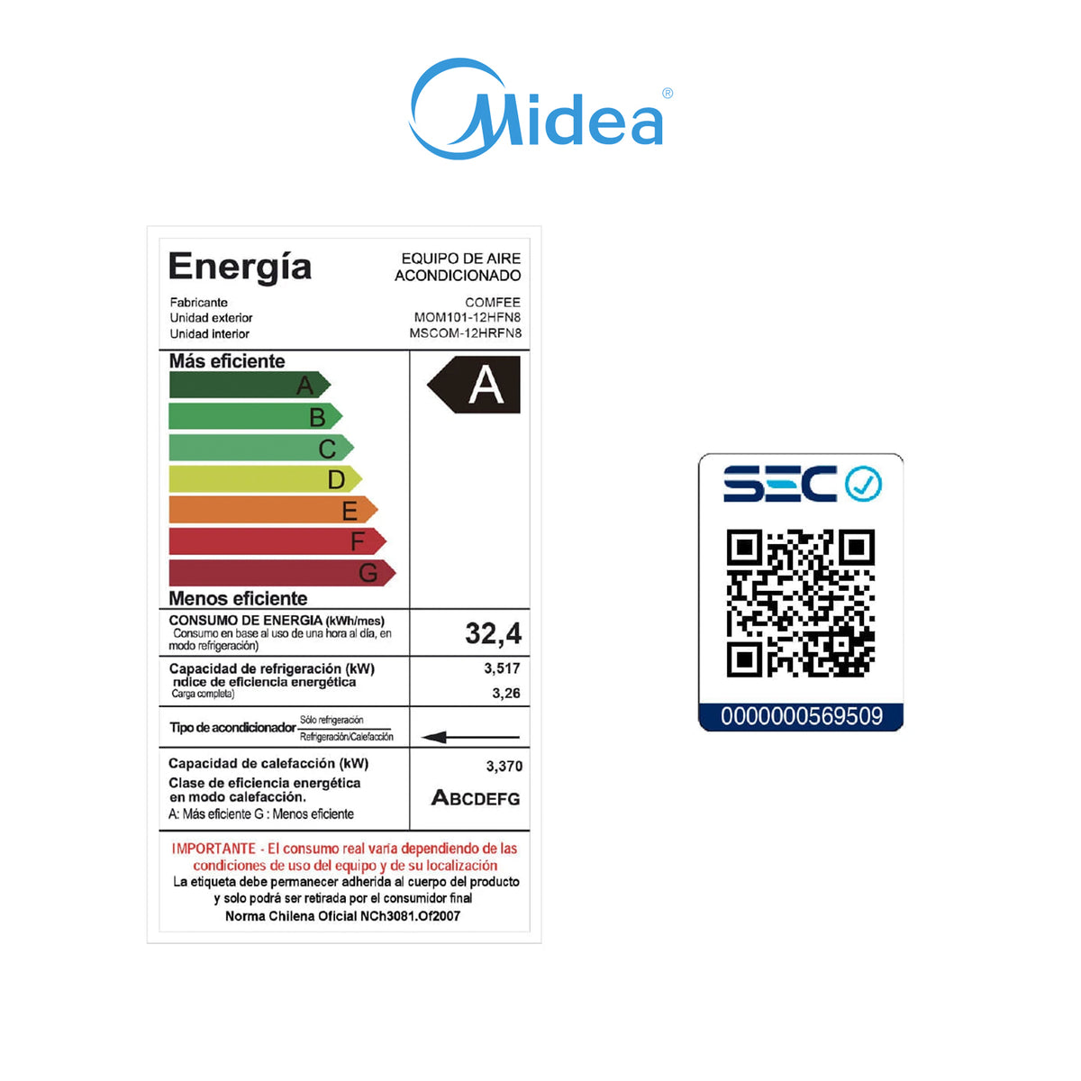 Aire Acondicionado Midea 12.000 BTU - Inverter Comfee r32