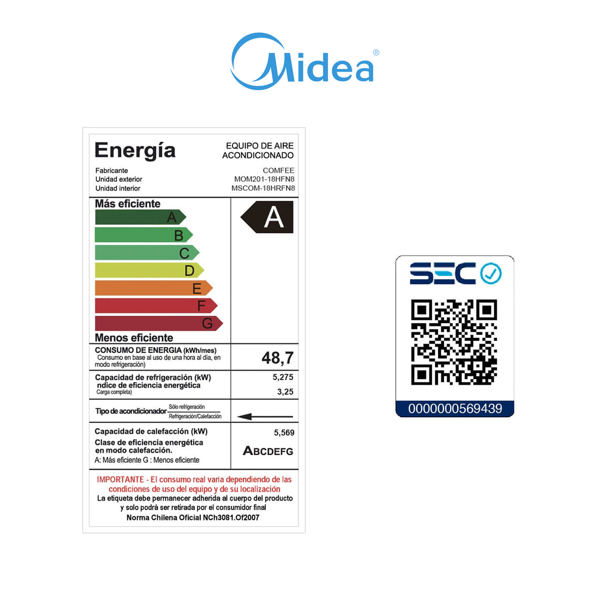 Aire Acondicionado Midea 18.000 BTU - Inverter Comfee r32